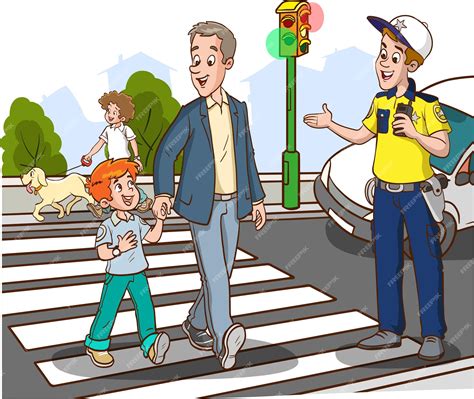 Familia caminando por el cruce de peatones y la policía de tránsito