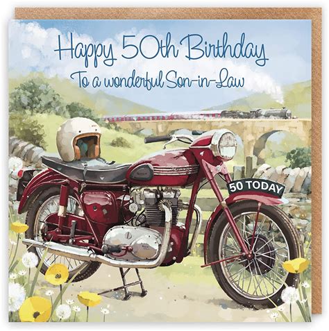 Hunts England 50th Son In Law Birthday Card Classic Motorbike And