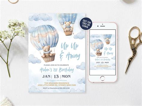 Blue Hot Air Balloon St Birthday Invitation Printable Editable