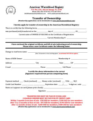 Fillable Online Transfer Of Ownership American Warmblood Registry Fax