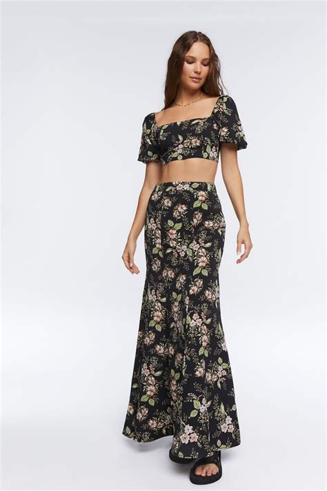 Forever 21 Floral Print Crop Top And Skirt Set Black Multi Forever21usa