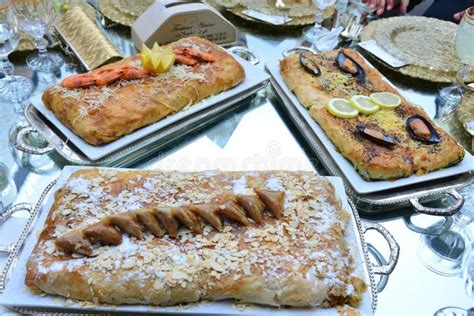 Moroccan Pastilla Or Bastila With Seafood Shrimp And Calmari Stock