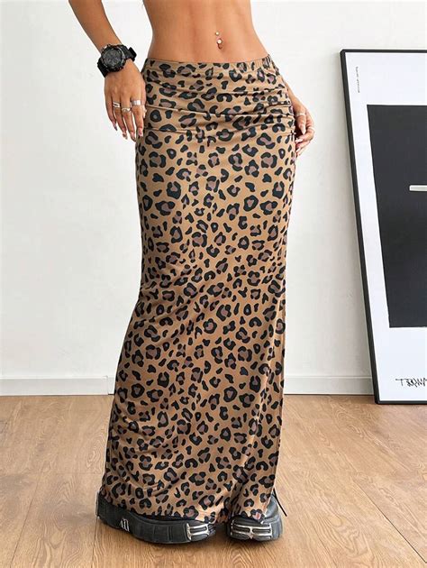 Shein Coolane Women S Streetwear Sexy Leopard Print Ruched Slit Skirt