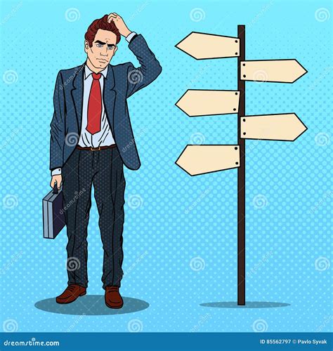 Pop Art Businessman On Crossroads Pointer Sign Stock Vector