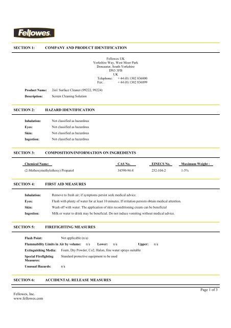 2in1 Surface Cleaner Msds Fellowes