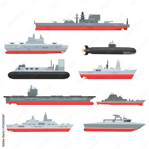 Different types of naval combat ships set, military boats, ships, frigates, submarine vector ...