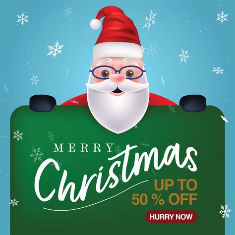 Santa Claus Holding Placard With Drop Down Offer Winter Snow