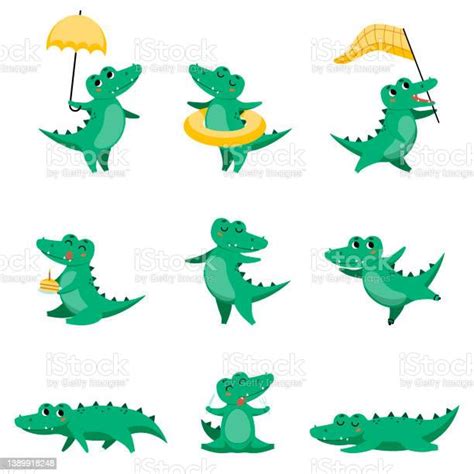 Cute Crocodile In Different Poses Cartoon Illustration Set向量圖形及更多短吻鱷圖片