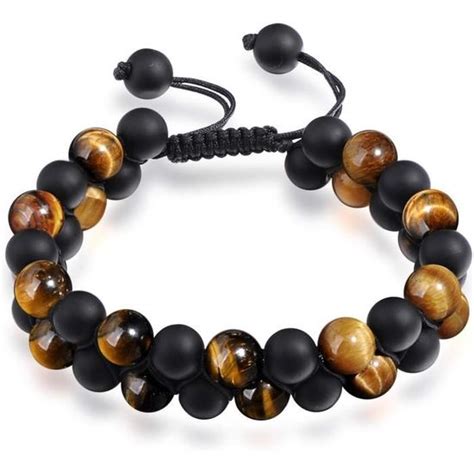 Bracelet Homme Perle Pierre En Lave Tigre Oeil Hématite Et Onyx Noir