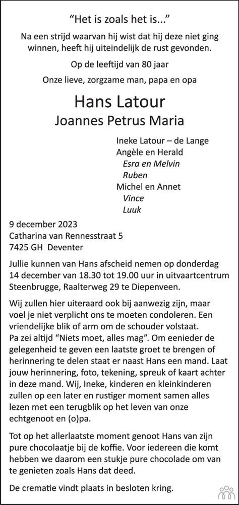 Hans Joannes Petrus Maria Latour 09 12 2023 Overlijdensbericht En