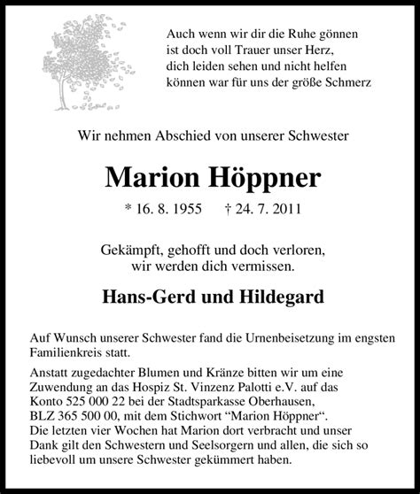 Traueranzeigen von Marion Höppner Trauer in NRW de