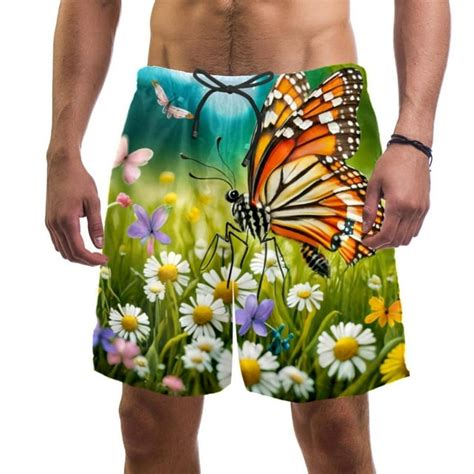 Mens Spring Flower Butterfly Swim Trunks Quick Dry Board Shorts