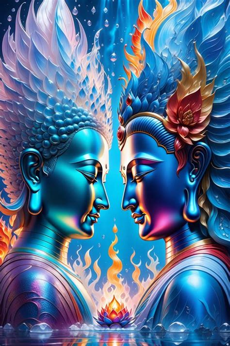 Two Blue Buddhas Facing Each Other With Fire And Water In The