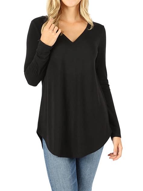 Zenana Women And Plus Relaxed Fit Long Sleeve V Neck Round Hem Jersey Tee