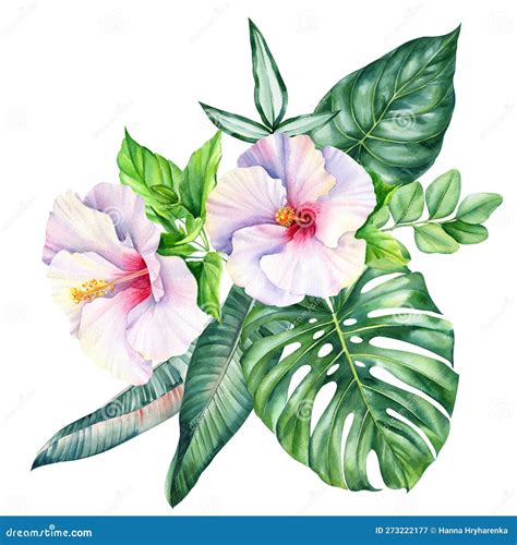 Colored Palm Leaves Hibiscus Flowers Tropical Composition Hand Drawn Watercolor Botanical