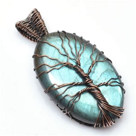 Beau Labradorite Pierre Pr Cieuse Fil De Cuivre Pendentif Arbre Vie