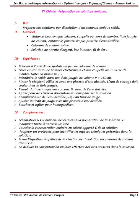 La Concentration Et Les Solutions Lectrolytiques Activit S