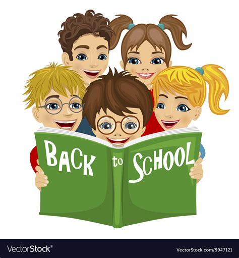 Kids Reading Green Book With Back To School Text Vector Image