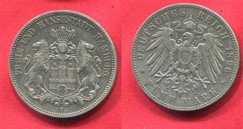 Deutschland Kaiserreich Germany Hamburg 5 Mark 1896 J Kleine Auflage