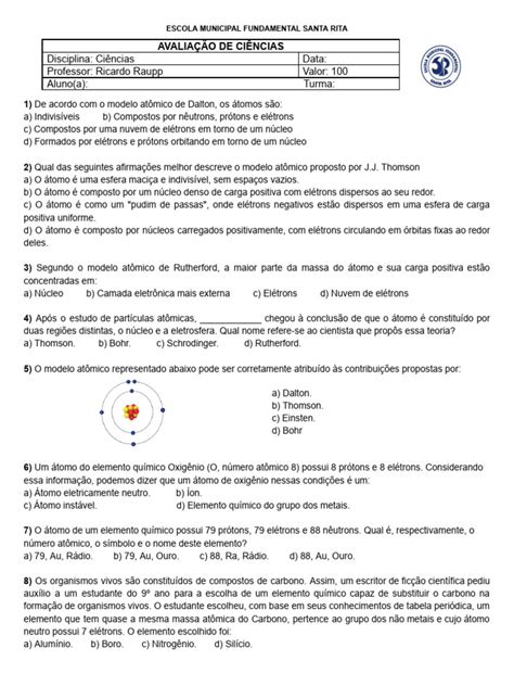 Avaliação 9º Ano - Modelos Atômicos e Tabela Periódica | Download ...