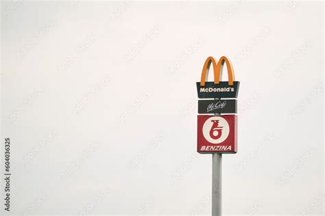 14.04.2023 Poland, Europe. Mcdonalds logo in the sky of the highway ...