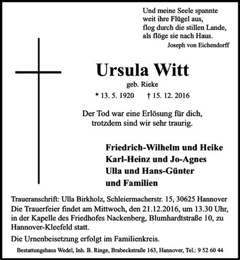 Traueranzeigen Von Ursula Witt Trauer Anzeigen De