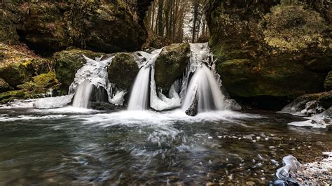 Backpack Cascade Cliff Creek Flow Idyllic Leaves Nature Person