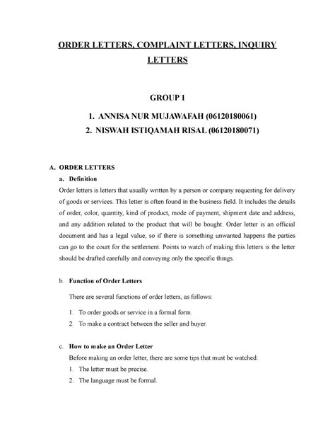 Order Letters And Inquiry Letters Order Letters Complaint Letters Inquiry Letters Group 1 1