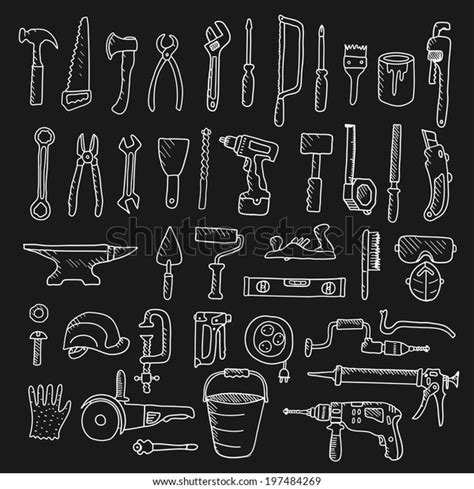 Construction Tool Collection Vector Silhouette Doodles Vector De Stock Libre De Regalías