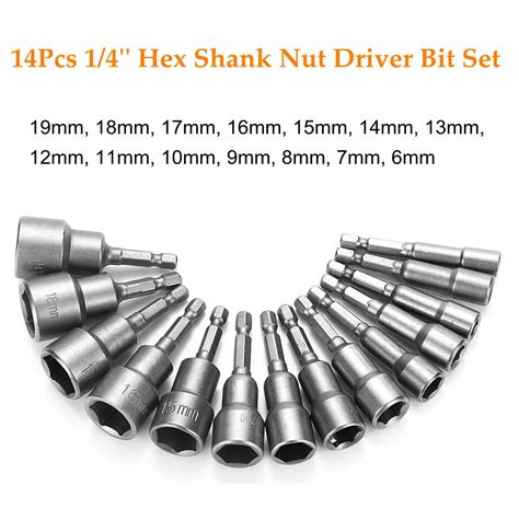 14pcs 1 4 Socket Magnetic Nut 6 19MM Ilver Grey Adapter Drill Bit