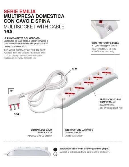 MULTIPRESA ELETTRICA CIABATTA 6 POSTI BIANCA 2P T 220V SCHUKO 10 16A 1