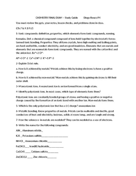 Chemistry Final Exam Review Spring 2013 Answers 1