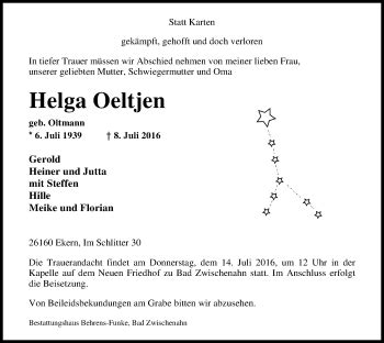 Traueranzeigen Von Helga Oeltjen Nordwest Trauer De