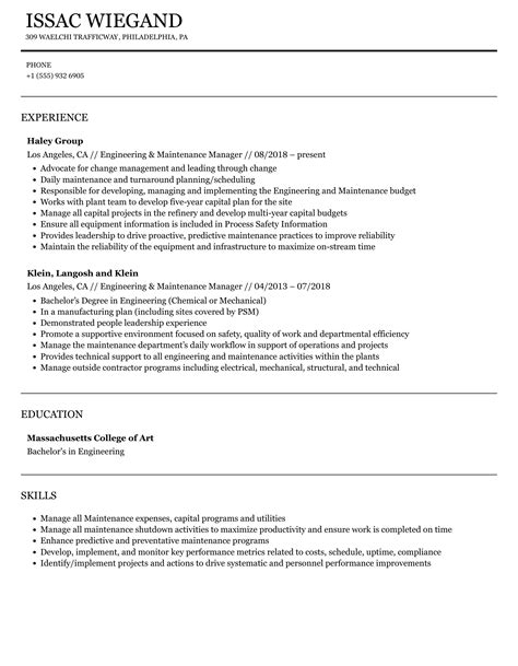 Maintenance Engineer Resume Sample