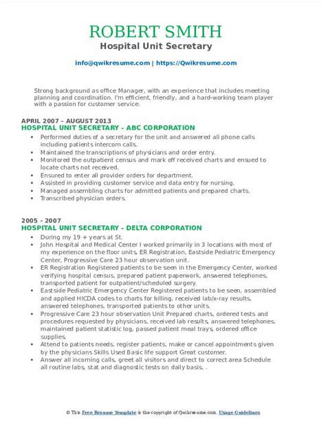 Hospital Unit Secretary Resume Samples Qwikresume