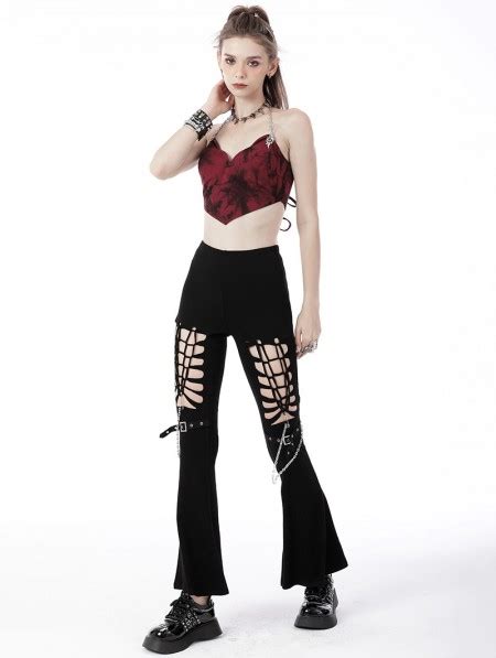 Dark In Love Black Gothic Punk Hollow Out Long Bell Bottom Trousers For