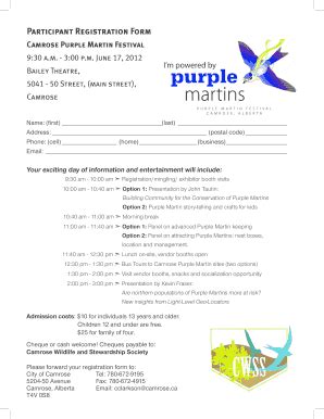 Fillable Online Participant Registration Form Camrose Purple Martin