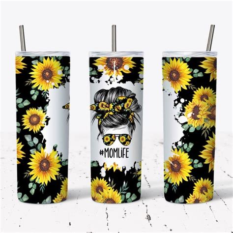 20 Oz Sunflowers Mom Life Messy Bun Hair Sublimation Tumbler Etsy