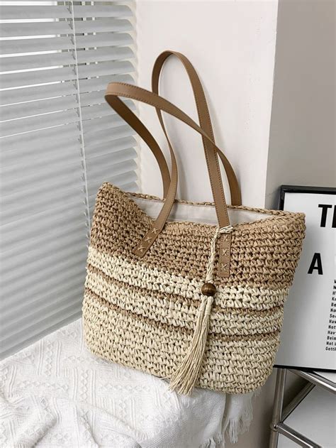 Tassel Decor Straw Bag Beach Bag | Crochet shoulder bags, Raffia bag ...