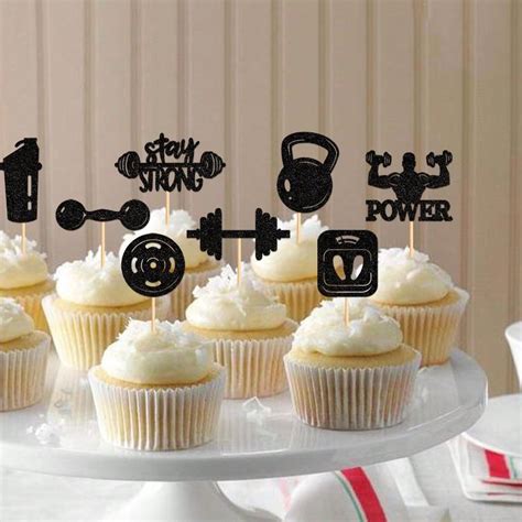 Black Glitter Gym Workout Cupcake Toppers Decor Dumbbells Kettlebells