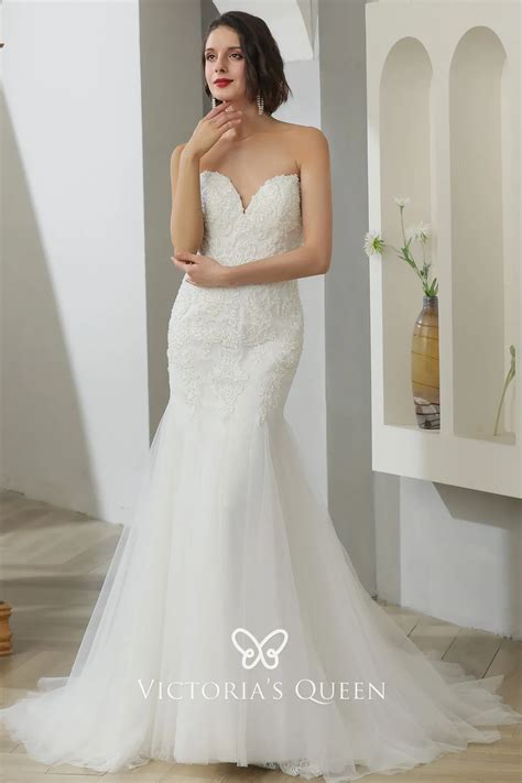 Strapless Sweetheart Lace And Tulle Mermaid Wedding Dress Vq