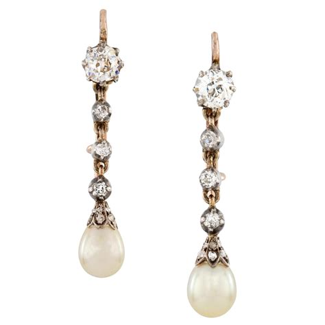 Antique Diamond And Natural Pearl Yellow Gold Drop Earrings Circa 1880