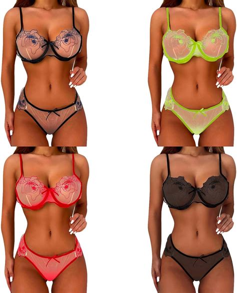 Sexy Underwire Cute Push Up Strappy Embroidered Mesh Sheer Lingerie Set