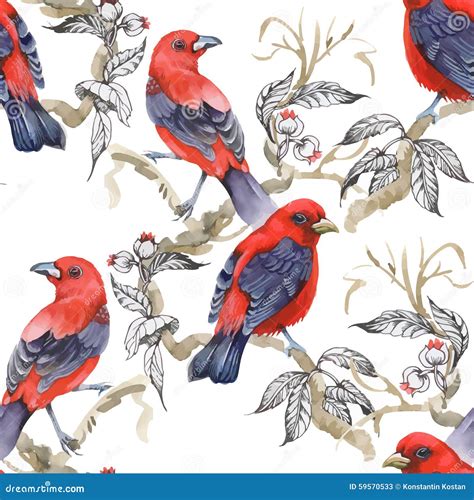 Watercolor Wild Exotic Birds On Flowers Seamless Pattern On White