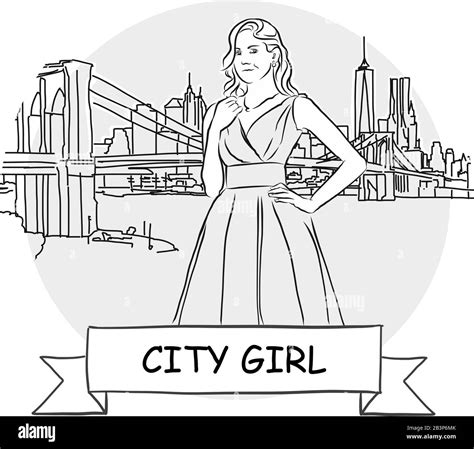 City Girl Cityscape Vector Sign Line Art Illustration With Ribbon And Title Stock Vector Image