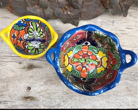 Two Colorful Mexican Talavera Pottery Trinket Dishes With Floral Design