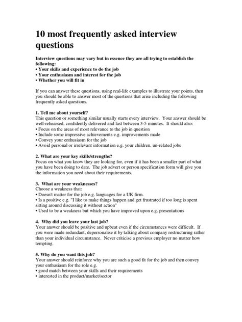 10 Most Frequently Asked Interview Questions Pdf Psychology