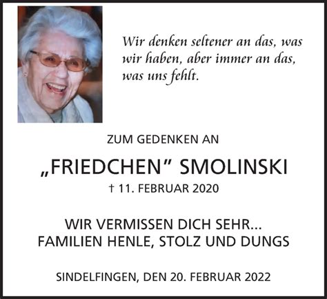 Traueranzeigen Von Friedchen Smolinski Trauer In Nrw De