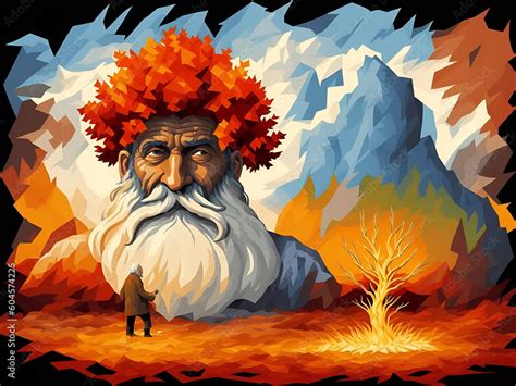 Colorful painting art of the biblical Moses and the burning bush ...