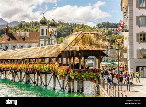 Historical Kapellbrücke a landmark at the city of Lucerne at the Lake